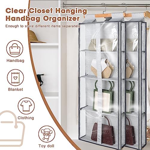 Silkfly 2 Pack Hanging Purse Organizer with Zipper for Closet Handbag Storage PVC Mesh Shelves with 4 Pockets for Bedroom Door Wardrobe Shelf Rack Space Saving(Gray) - Image 5