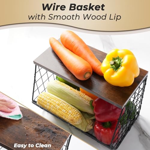 Mefirt 2pcs Fruit Basket Kitchen Storage Basket with Wood Lid - Image 6