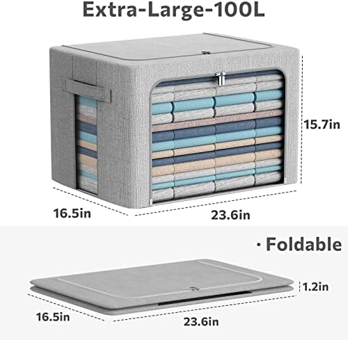 CYhom 3Pack Foldable Storage Bins - Frame Storage Box Linen Fabric Stackable Clothes Container Organizer with Clear Window & Carry Handles Large Capacity (Extra Large-100L, Light Grey) - Image 5