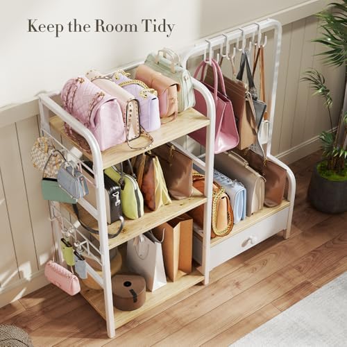 Purse Organizer for Closet, with Bottom Drawer, Extra Large Capacity 3 Tier Handbag Storage Rack for Women, 10 Purse Hanger and Hooks for Bag Organizer, Floor-Standing, Home, Living Room (Wooden) - Image 7