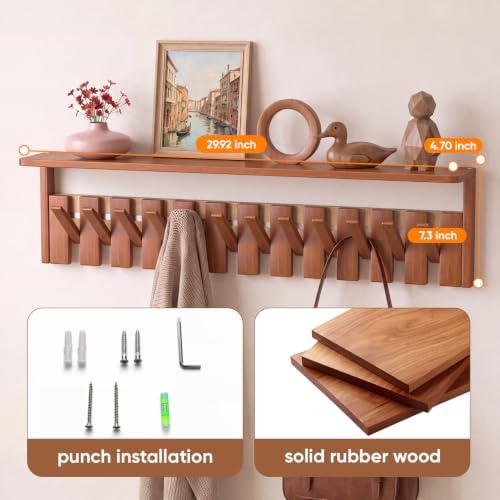 Wall Mounted Coat Rack with Shelf, 12 Flip-Down Hooks, Walnut - Image 3