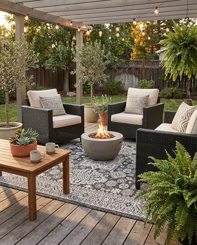Rugs.com - Outdoor Aztec Rug – 5 Ft Square Charcoal Gray Indoor/Outdoor Rug – Flatweave Geometric Design for Patios, Decks, and Porches by Rugscom