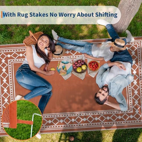GlowSol 9x18 Outdoor Rug Waterproof Reversible Patio Mat, Heavy Duty Plastic Straw Rug for RV Camping Deck Backyard Beach, Foldable Indoor Outdoor Carpet Stain Resistant Outside Rugs, Orange/White - Image 5