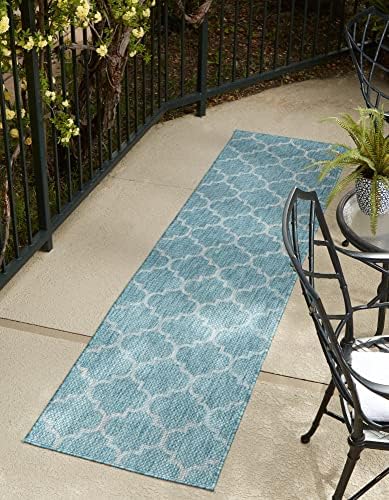 Unique Loom Outdoor Trellis Collection Area Rug (2' x 6' 1" Runner, Aquamarine/ Gray) by UniqueLoom
