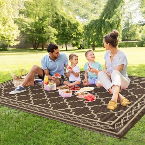 Waterproof 8'x 10' Outdoor Rug for Patio,Reversible Outdoor Plastic Straw Rugs for Camping Porch RV, UV-Resistant Area Rug Mat for Camper,Outside Rug for RV Deck Picnic Beach Balcony,Brown/Coffee - Image 5