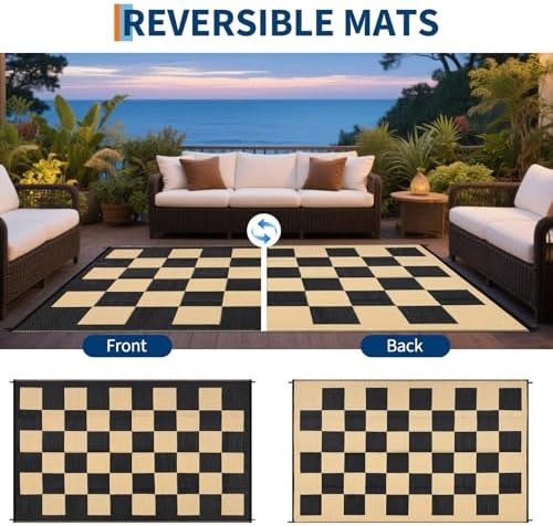 GarveeHome Waterproof Outdoor Rug 9 x 12 Large Modern Checkboard Plastic Straw Rug, Foldable Reversible Camping Mat, UV-Resistant Geometric Plaid Woven Carpet for Picnic, Deck, Black Brown - Image 2