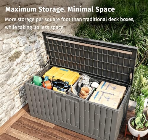 LAUSAINT HOME 120 Gallon Resin Deck Box, Package Delivery Box with Lockable Lid, Waterproof Outdoor Storage Box For Garden Tools, Patio Cushions(120 Gallon,Grey) - Image 5