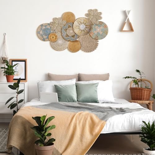 11 Pcs Boho Hanging Wall Basket Decor Handmade Woven Basket Wall Decorative Boho Wicker Baskets Placemats Round Farmhouse Bulrush Art for Rustic Home Decorations Christmas Gift(Bright) - Image 5