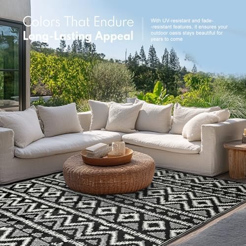 Waterproof Outdoor Rug 9x12 ft, Reversible Plastic Straw Rug, Easy to Clean Patio Rug, Portable Carpet for Patio, RV, Deck, Balcony, Backyard, Picnic, Beach, Geometric Diamond, Gray - Image 4