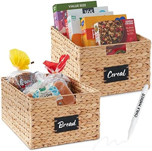 Best Choice Products Pantry Baskets Set of 2 16x12in Water Hyacinth Storage Baskets, Woven Wicker Kitchen Organizers with handles w/Chalkboard Label Chalk Marker - Natural by BestChoiceProducts