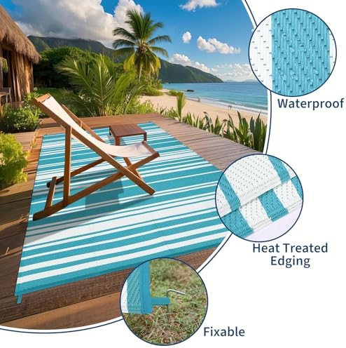 GAOMON 9x18 Outdoor Rug Modern Geometric Lines Large Plastic Straw Rugs Non Shedding Reversible Indoor Outdoor Rugs UV-Resistant Portable Outside Carpet for Trailer Backyard Balcony Light Blue White - Image 3