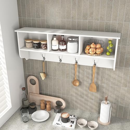 Wall Mounted Coat Rack Shelf,4 Dual Hooks,3 Cubbies,White - Image 3