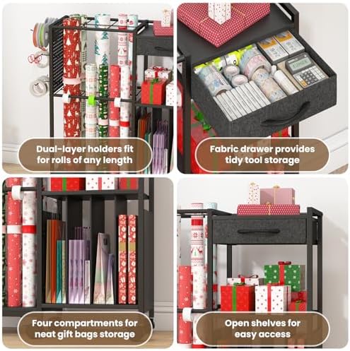 Wrapping Paper Storage Cart, Rolling Gift Wrap Station with Drawer & Hooks - Image 3