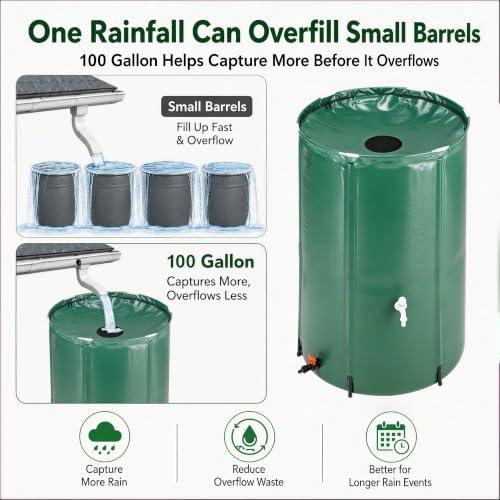 100 Gallon Collapsible Rain Barrel, Portable Rainwater Collection System, Water Storage Tank, Rain Catcher Barrel with Two Spigots and Overflow Kit, Rain Water Barrel Collector for Garden, Green - Image 4