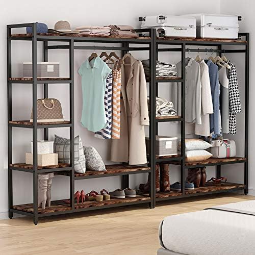 LITTLE TREE Free Standing Wood Closet Clothes Rack,Heavy Duty Grament Rack with Shelves,Hanging Racks for Clothes Clothing Rack for Bedrom,Wardrobe Closet Organizer,350 lb Capacity,Rustic - Image 3