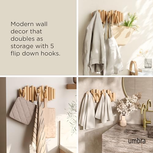 Umbra Picket Coat Rack, Wall Mount 5 Flip-Down Coat Hooks, Natural - Image 4