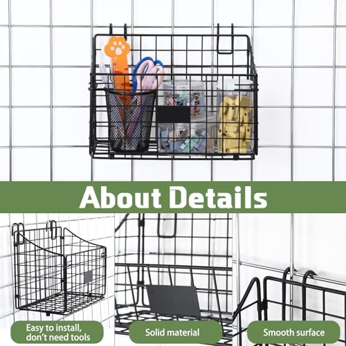 Blulu 4 Pcs Grid Wall Baskets, Wire with Hooks for Hanging, 11 x 8 x 6 Inch - Image 4