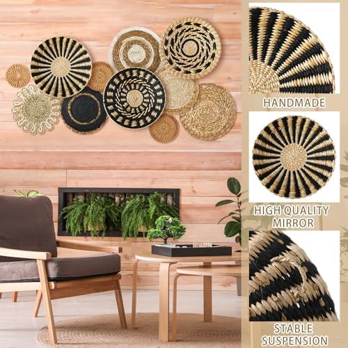 11 Pcs Boho Hanging Wall Basket Decor Handmade Woven Basket Wall Decorative Boho Wicker Baskets Placemats Round Farmhouse Bulrush Art for Rustic Home Decorations Christmas Gift(Assorted) - Image 4