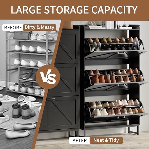 Xixini Shoe Storage Cabinet with 3 Flip Drawers, Entryway Shoe Rack, Black - Image 5