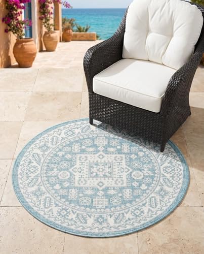 Rugs.com - Outdoor Aztec Rug – 3 Ft Round Aqua Indoor/Outdoor Rug – Washable & Stain-Resistant, Perfect for Patios, Decks, and Porches - Image 6