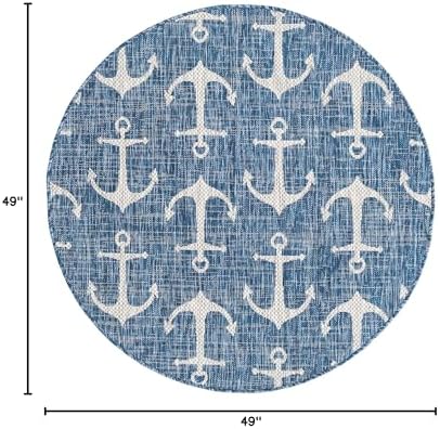 Unique Loom Outdoor Coastal Collection Area Rug - Ahoy (4' 1" Round, Blue/ Ivory) - Image 2