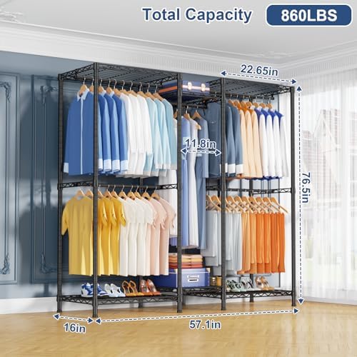 Ulif E12 Clothes Rack，Heavy Duty Freestanding Garment Rack with Shelves，Metal Clothing Closet Storage System for Hanging Clothes，57.1" W x 16" D x 76.5" H, Hold 860 lbs，Black - Image 2