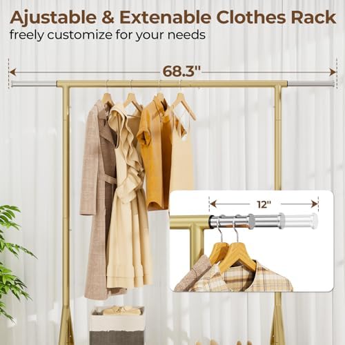 HYSEYY Heavy Duty Clothes Rack Load 450 LBS, Metal Garment Rack, Standing Rolling Clothing Rack for Hanging Clothes with Sturdy Wheels & Shelves, Portable Closet Wardrobe Rack,Gold - Image 3