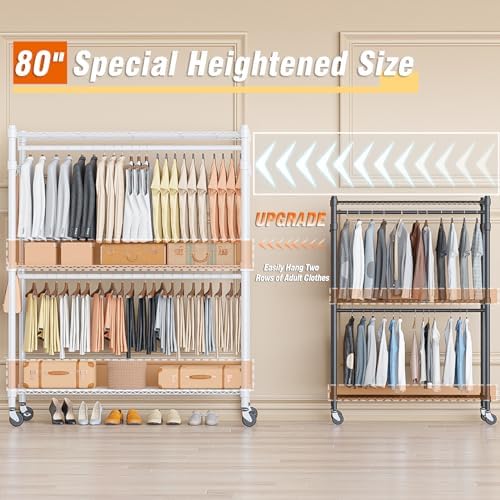Homdox 3 Tier Garment Rack with Wheels, Portable Closets for Hanging Clothes Heavy Duty, Closet Racks and Shelving with Double Hanger Rods & Side Hooks, White - Image 2