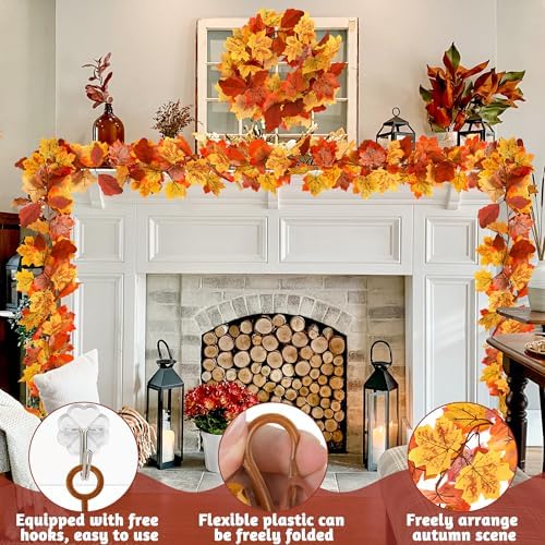 Helimoto 8Pcs Autumn Leaves Garland, 47.2 FT Hanging Fall Garland with 16 Hooks Artificial Fall Outdoor Garlands, Fall Decorations for Home Thanksgiving Halloween Decor Wedding Party Fireplace Mantle - Image 5