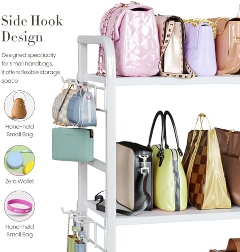 Purse Organizer for Closet, with Bottom Drawer, Extra Large Capacity 3 Tier Handbag Storage Rack for Women, 10 Purse Hanger and Hooks for Bag Organizer, Floor-Standing, Home, Living Room (White) - Image 4