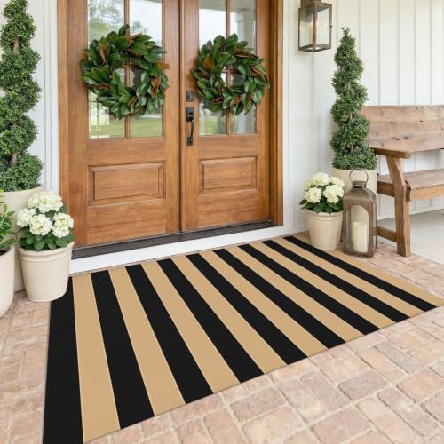 KOZYFLY 4x6 ft Brown and Black Striped Rug Front Door Rug Cotton Woven Rugs by KOZYFLY