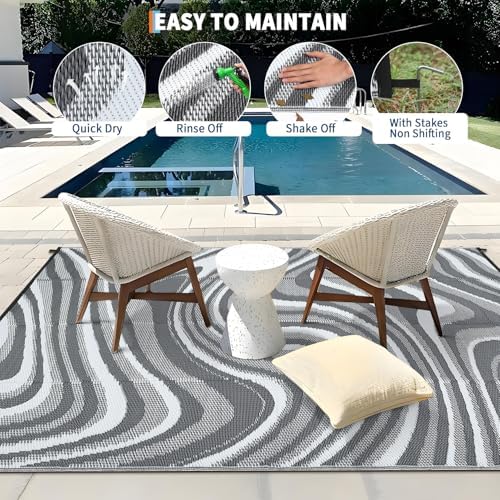 Garvee Outdoor Rug 9x12 Modern Waterproof Outdoor Plastic Straw Rug, Grey - Image 4