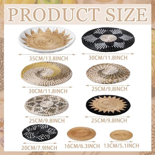 11 Pcs Boho Hanging Wall Basket Decor Handmade Woven Basket Wall Decorative Boho Wicker Baskets Placemats Round Farmhouse Bulrush Art for Rustic Home Decorations Christmas Gift(Stylish) - Image 4