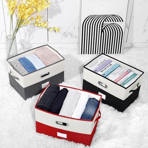 Large Linen Fabric Foldable Storage Bins with Removable Lid and Handles, Washable Storage Box Organizer Containers Baskets Cube with Cover for Bedroom,Office(Black&Cream, Large(2-Pack)) - Image 3