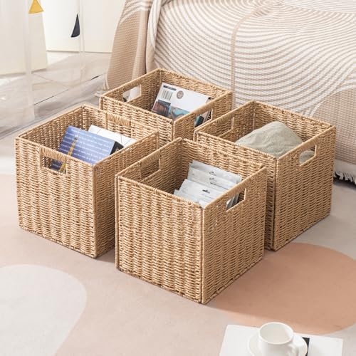 Foldable Storage Cube Bins Set of 4, Paper Woven Square Baskets, Natural, 11" x 11" x 11" - Image 4