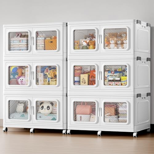 BROVIEW 330Gal Storage Bins, 1320Qt Extra Large Stackable Storage Box with Lids & Wheels - Heavy Duty Collapsible Plastic Cabinets, Open Front Door for Sundries in Home & Office, White 6 Pack by BROVIEW-EnjoytheArtofLife