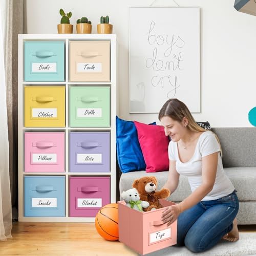 Teenyyou 10 Pack Fabric Storage Cubes 11 Inch Collapsible Cube Bins with Label Window & Handle Foldable Organizers Baskets for Shelf Closet Nursery Kids Room Clothes Book Toy(Macaroon) - Image 6
