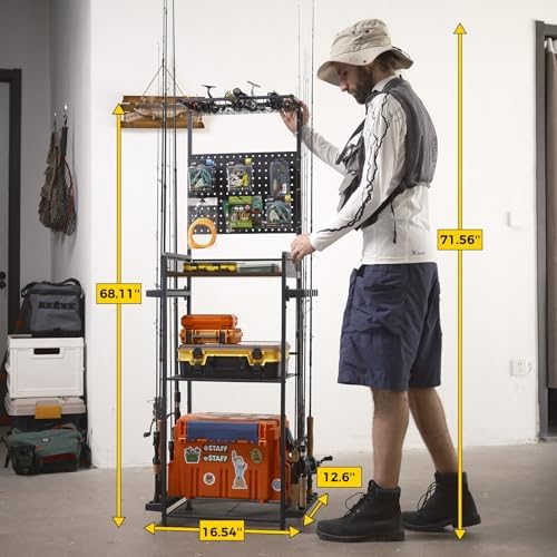 SOYEEZE Fishing Rod Holders for Garage,Fishing Gear Holder for Fishing Rod Tackle Box Storage，Fishing Pole Holders for 12 Rods with Hooks and Pegboard,Fishing Stand with Reel Rack, Standard Size - Image 2