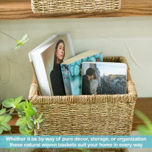 Natural Seagrass Basket with Wooden Handle, Medium Rectuangular Wicker Basket for Living Room 12.2 x 8.9 x 6.7 inches - 3 Pack - Image 5