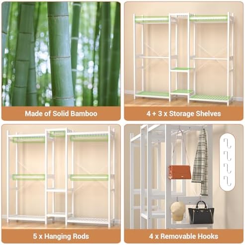 Homykic Bamboo Clothing Rack with 7 Shelves, 5 Hang Rods, 70” Wide, White - Image 6