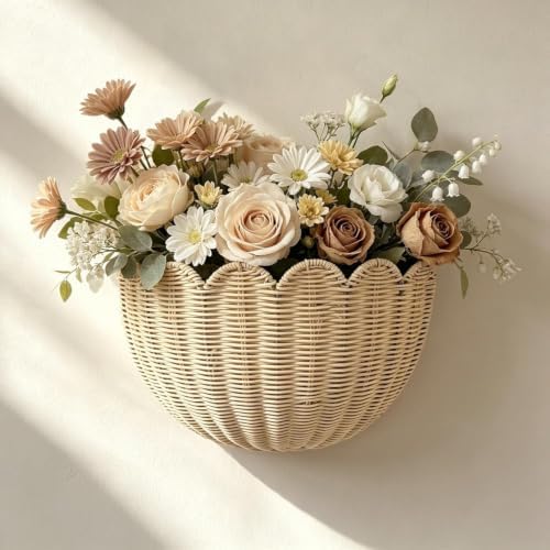 Set of 2 Scalloped Hanging Wicker Baskets for Wall, Scalloped Home Decor, Hanging Woven Rattan Wall Basket for Flowers Front Door Bathroom Storage (Imitation Rattan) - Image 2