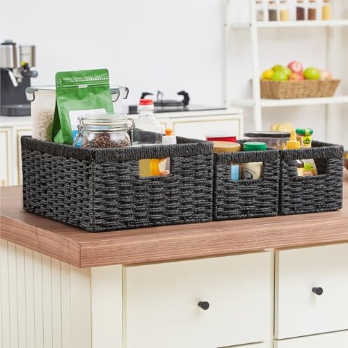 Vagusicc Wicker Storage Basket, Set of 3 Wicker Basket, Hand-Woven Paper Rope Storage Baskets for Organizing, Large Cube Storage Organizer Bins Baskets for Shelves Small Toilet Paper Baskets, Black - Image 7