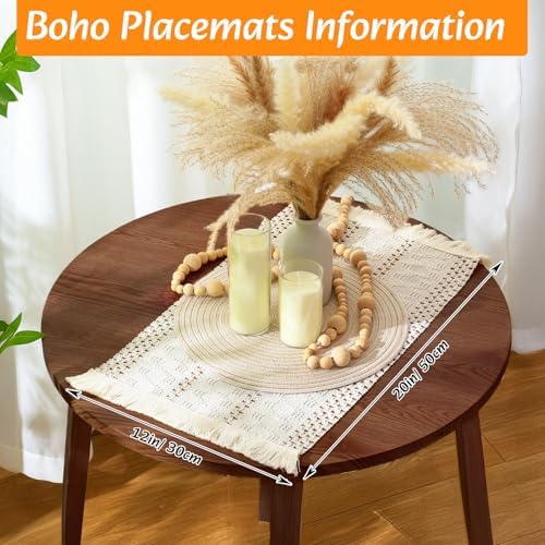 6 Sets Boho Placemat Table Runner Napkin Rings, White, 12x72 - Image 3