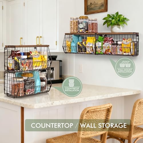 Wall Hanging Baskets 2 Pack Wooden Top Floating Wire Shelves (Extra Large) - Image 4