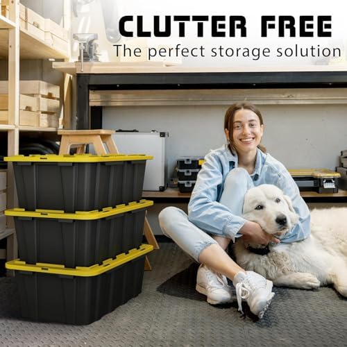 8 PACK of 12 Gallon Medium Black & Yellow Storage Bins | Plastic Tote Organizing Container with Secure Latching Lids, Stackable, Extra Strength with Built in Handle | 24.5" x 16.5" x 9" - Image 2