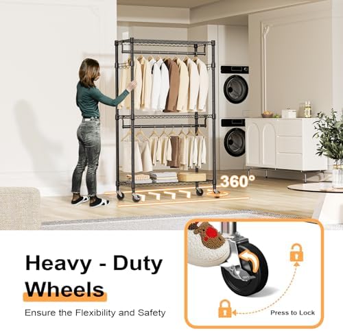 M MZG Heavy Duty Rolling Garment Rack 3 Tiers Adjustable Wire Shelving Clothes Rack with 2 Rods and Side Hooks,Storage Closet Clothing Rack with Wheels Black 15.7" D x 29.5" W x 74.5" H - Image 4