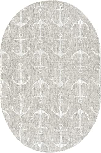Unique Loom Outdoor Coastal Collection Area Rug - Ahoy (5' 3" x 7' 10" Oval, Gray/ Ivory) - Image 3