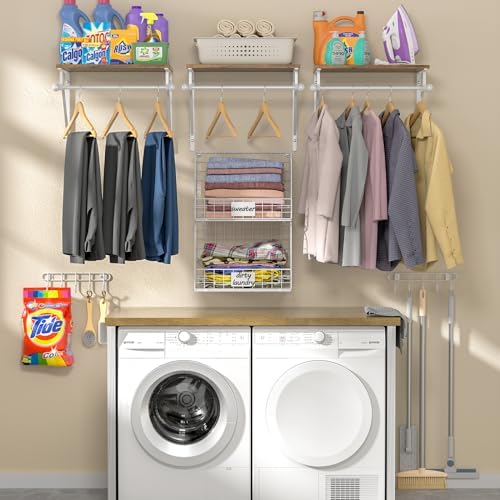 DAOUTIME 2 Set Laundry Room Wall Mounted Shelves With Wire Storage Baskets, Over Washer and Dryer With Hanging Rods and Hooks, for Organization and Storage, White, Wooden - Image 7