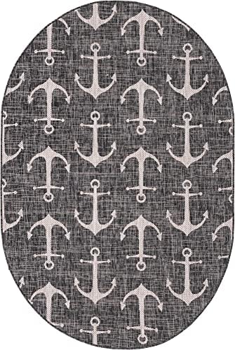 Unique Loom Outdoor Coastal Collection Area Rug - Ahoy (5' 3" x 7' 10" Oval, Charcoal/ Ivory) - Image 3