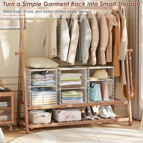 Hencawima 4 Pack Stackable Closet Organizers and Storage, Clothing Storage Shelves with Adjustable Dividers & Wood Top, Space-Saving Closet Organizer System, White - Image 6